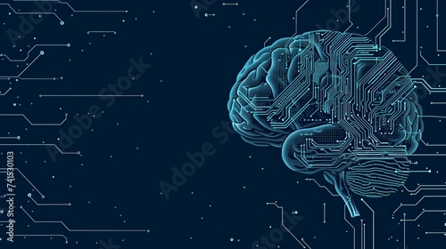Digital brain background with space for text. Circuit board brains, AI and technology concept, blue neural connection lines and glowing dots