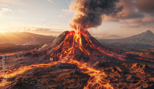 Volcanic landscape with erupting volcano, spewing magma and smoke, with rivers of lava cascading down the slopes at sunset. Epic geology wallpaper capturing a natural disaster