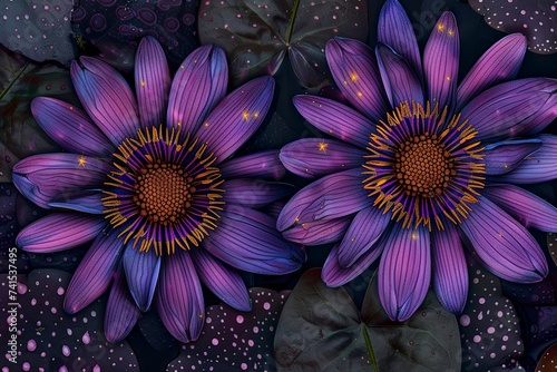 two colorful purple flowers in the style of polka dot madness