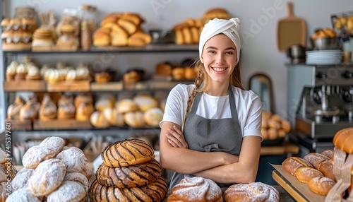 Young woman standing in bakery shop, small business owner, copy space for text placement
