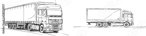 One continuous drawn single art line doodle drawing sketch Truck with Cargo Trailer Driving