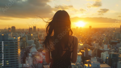A beautiful woman with long blck hair staring at the city skyline at sunset