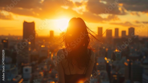 A beautiful woman with long blck hair staring at the city skyline at sunset