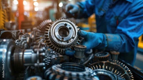 Mechanic engineers meticulously assemble automotive gear spare parts, guaranteeing precision across four distinct sets for optimal performance