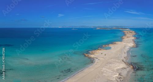 aerial view of the Platja de Ses Illetes beach and isthmus in northern Formentera