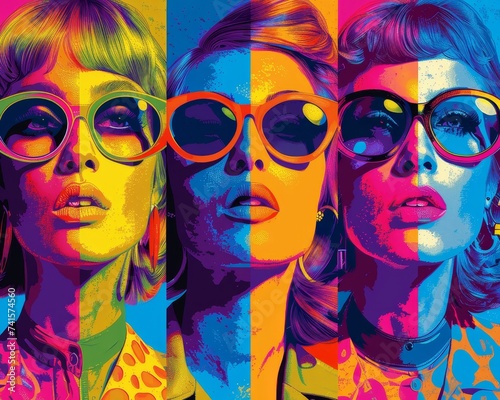 Digital pop art portrait of 60s and 70s fashion icons surrounded by psychedelic colors