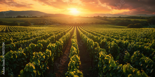 Sunrise Over Lush Vineyard. Sun rising over rows of grapevines in a vineyard.