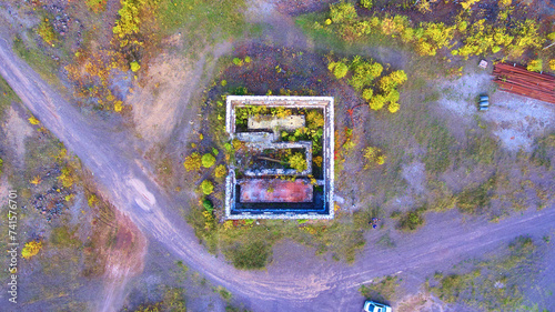 Aerial View of Abandoned Quincy Mine Amidst Fall Foliage Top Down View