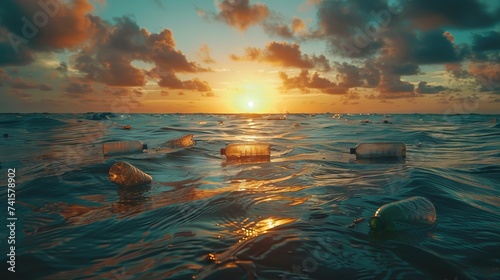 Plastic Bottles Floating on Ocean Surface at Sunset. Plastic waste adrift in the ocean, captured against the backdrop of a captivating sunset, a stark symbol of pollution. AI