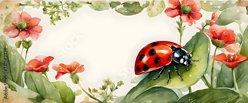 Red flowers, ladybugs and green leaves. Illustration of a ladybug sitting alone on a leaf.
