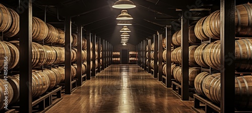 Aging facility with rows of whiskey, bourbon, and scotch barrels in a traditional wooden warehouse
