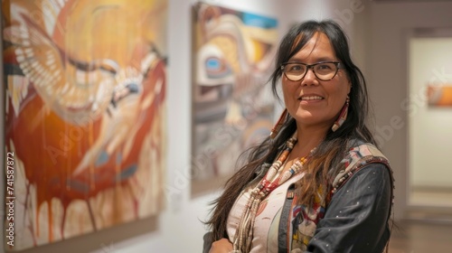 A beaming woman with glasses and a black jacket stands in front of a vibrant painting, surrounded by other artwork in an art gallery at the vernissage