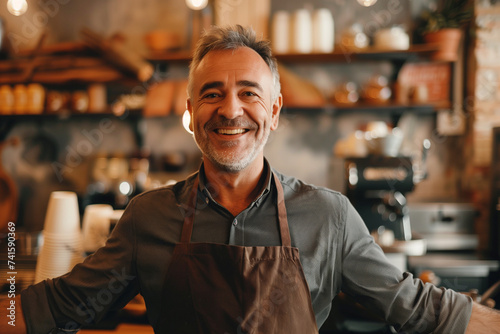 Coffee shop owner smiling with open arms to welcome the customer small business concept