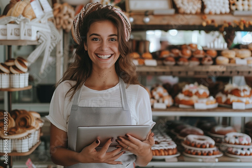 Smiling small business owner woman holding a tablet at her bakery shop small business concept
