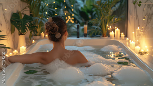 Young woman enjoy very relaxation shower luxurious bubble bath, foamy bubbles caress her skin, self-care, purity, spa treatments and mental health, health and wellness, beauty and skincare product