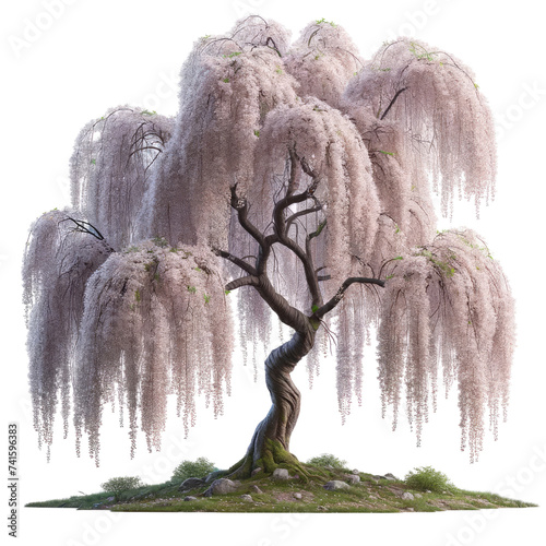 A large tree with white blossoms is the main focus of the image