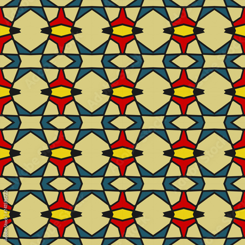Seamless pattern in blue, red and beige color. Imitation of a stained-glass window. Vector illustration