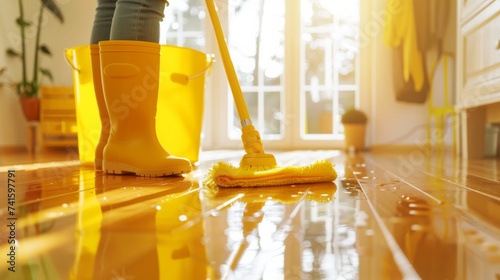 A diligent individual diligently mops the yellow kitchen floor, ensuring utmost cleanliness while holding a cup in hand