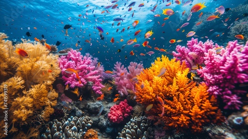 A bustling underwater scene featuring a diverse array of colorful fish swimming among vibrant coral formations, illuminated by sunlight filtering through the water.