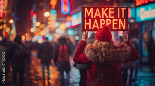 Woman holding a make it happen sign, symbolizing success and motivation on a blurred background.