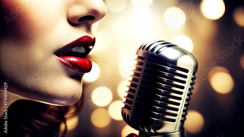 Cantante con micrófono retro sobre fondo de luces borrosas. Mujer rubia cantando un blues en el escenario. Chica rubia con micrófono Shure 55 Unidyne sobre un escenario. 