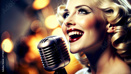 Cantante rubia con micrófono retro sobre fondo de luces borrosas. Mujer estilo vintage cantando un blues en el escenario. Chica rubia con micrófono Shure 55 Unidyne sobre un escenario. 