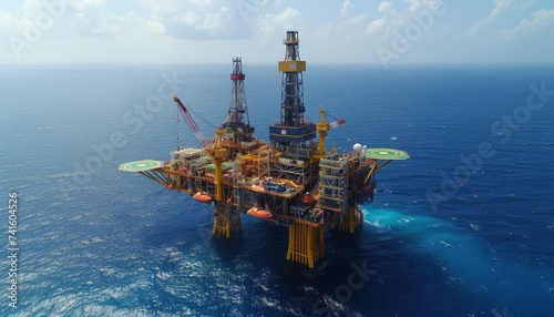 Offshore oil rig platform in open sea, daylight scene of oil drilling structure in blue waters