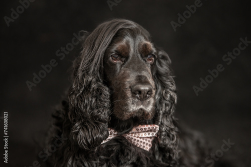 Portrait d'un chien male de race cocker spaniel noir dans un studio
