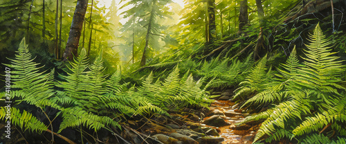 Ferns next to a valley in a deep forest. Illustration of a bracken in a watercolor style.