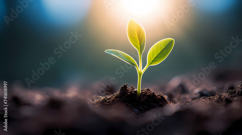 Planting young trees sprouting in soil on green background network and connection concept