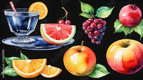 watercolor painted fruits clipart hand drawn design elements isolated on black background.