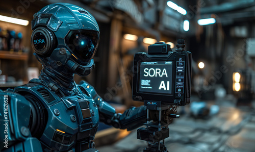 Advanced Humanoid Robot Filmmaker Demonstrating Sora Text-to-Video AI Model in a High-Tech Videography Studio Setting with Camera Equipment