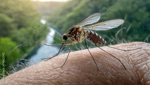 An arthropod, a mosquito, is biting a persons arm