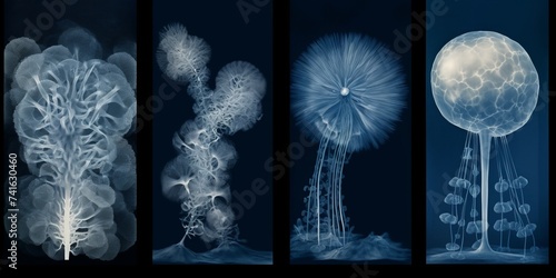 a set of four paintings of different types of plants on a dark background