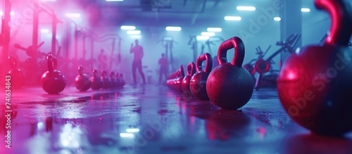 Group having functional fitness training with kettlebell in sport gym. with copy space image. Place for adding text or design