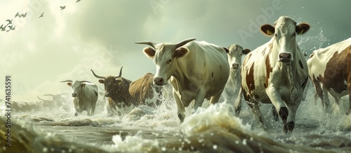 Herd of cows re walking on river because global warming and El Nino effect. with copy space image. Place for adding text or design