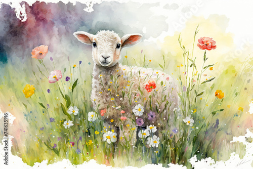 Watercolour painting of a cute lamb lamb on the lawn with flowers. For easter and spring greeting cards. Generative AI