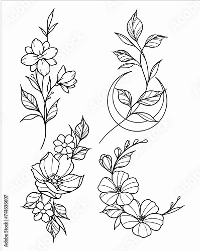 set of black and white flowers outline Vector SVG
