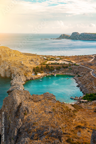Aerial view on Saint Paul's bay in Lindos, Rhodes, Greece.