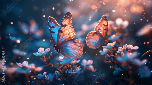 Gossamer wings of butterflies fluttering amidst a garden of sapphire blooms, ethereal delight. on transparent background. 