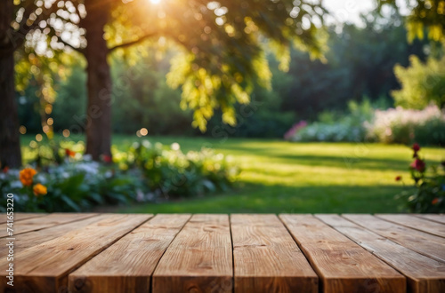 wooden table and spring garden background