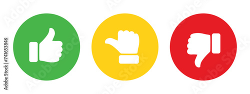 Like, dislike and neutral thumb symbols in green, yellow and red color. Feedback and rating thumbs up and thumbs down icons set. Thumbs up, down and sideways symbol icon set.
