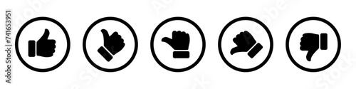 Rating and feedback scale with thumb symbol black circle outline. Excellent, good, average, poor, bad rating thumb icon set. Satisfied dissatisfied review, vote and survey icon set.