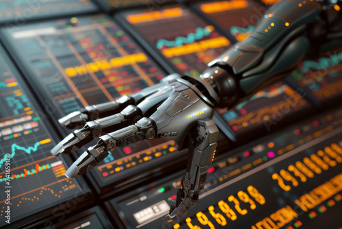 Showcase a futuristic scene where robot hands replace humans on a stock board executing trades with lightning speed