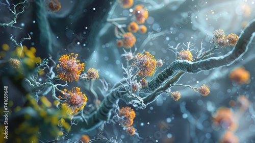 A microscopic visualization of fungal spores dispersing into the air from the intricate hyphae structures of a fungus.