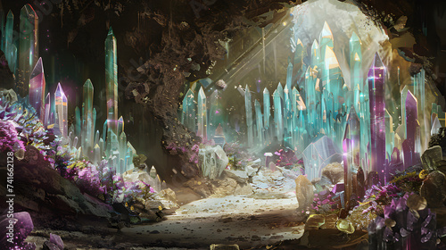 Digital painting of a cave with a waterfall , A photo of a surreal crystal forest shimmering trees backdrop