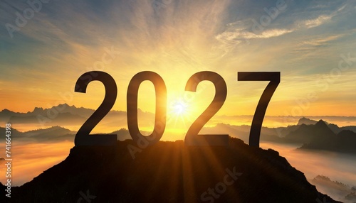 Year 2027, concept. New Year 2027 at sunset. Silhouette 2027 stands on a mountain with sun rays at sunrise, creative idea.