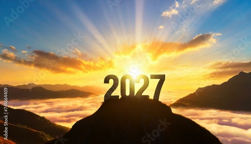 Year 2027, concept. New Year 2027 at sunset. Silhouette 2027 stands on a mountain with sun rays at sunrise, creative idea.