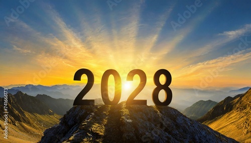 Year 2028, concept. New Year 2028 at sunset. Silhouette 2028 stands on a mountain with sun rays at sunrise, creative idea. 