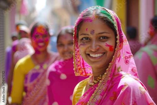 a woman in a colored sari walks through an Indian bazaar. Holi holiday